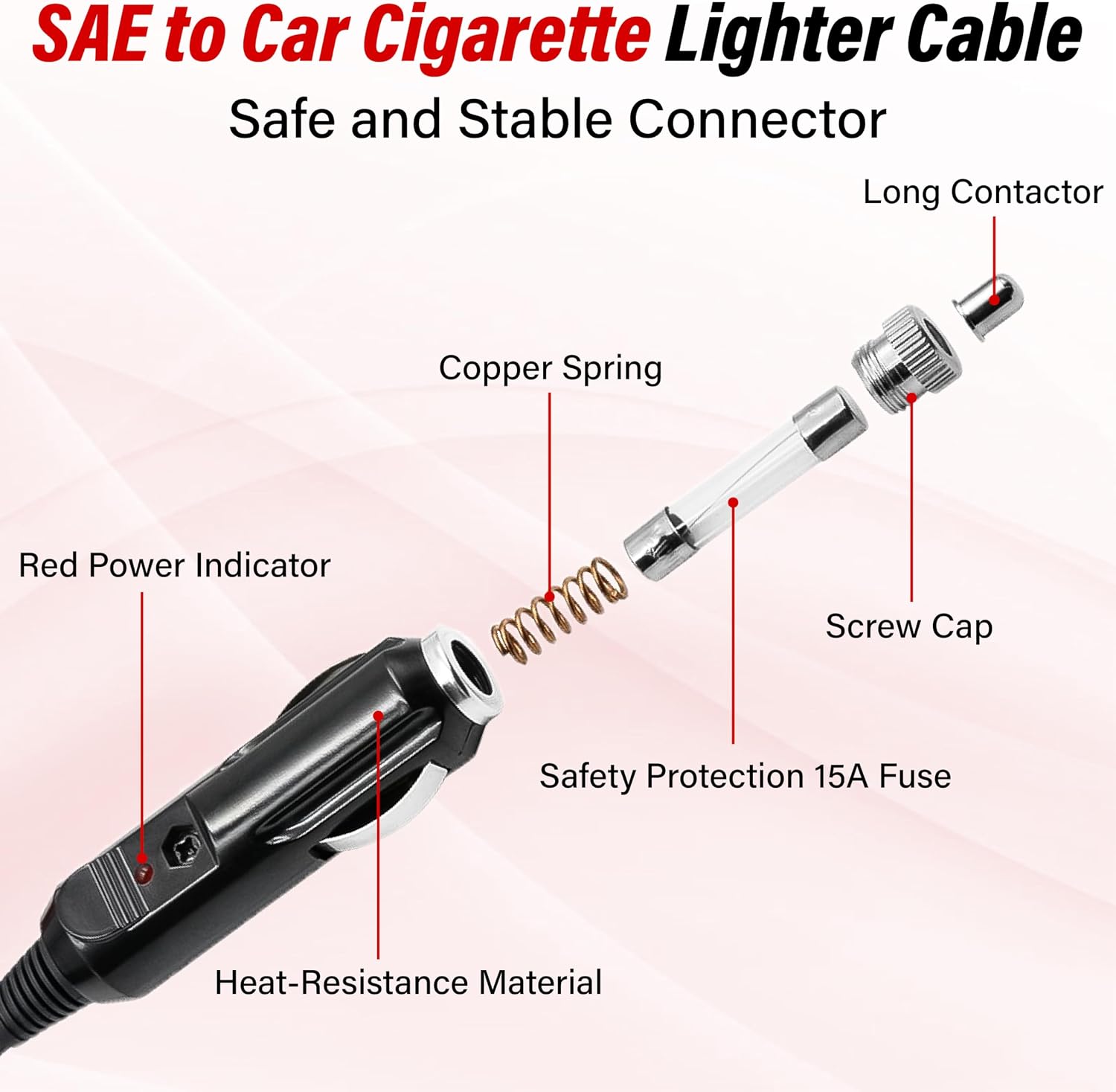 10FT 16AWG SAE to Cigarette Lighter Plug with Fuse and LED Light - Image 4
