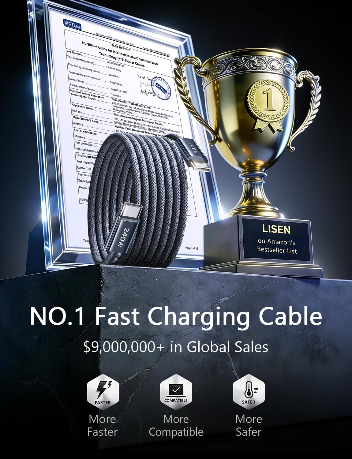 LISEN USB C to USB C Cable, 240W Fast Charging Type C Charger Cord (6.6FT) - Image 2