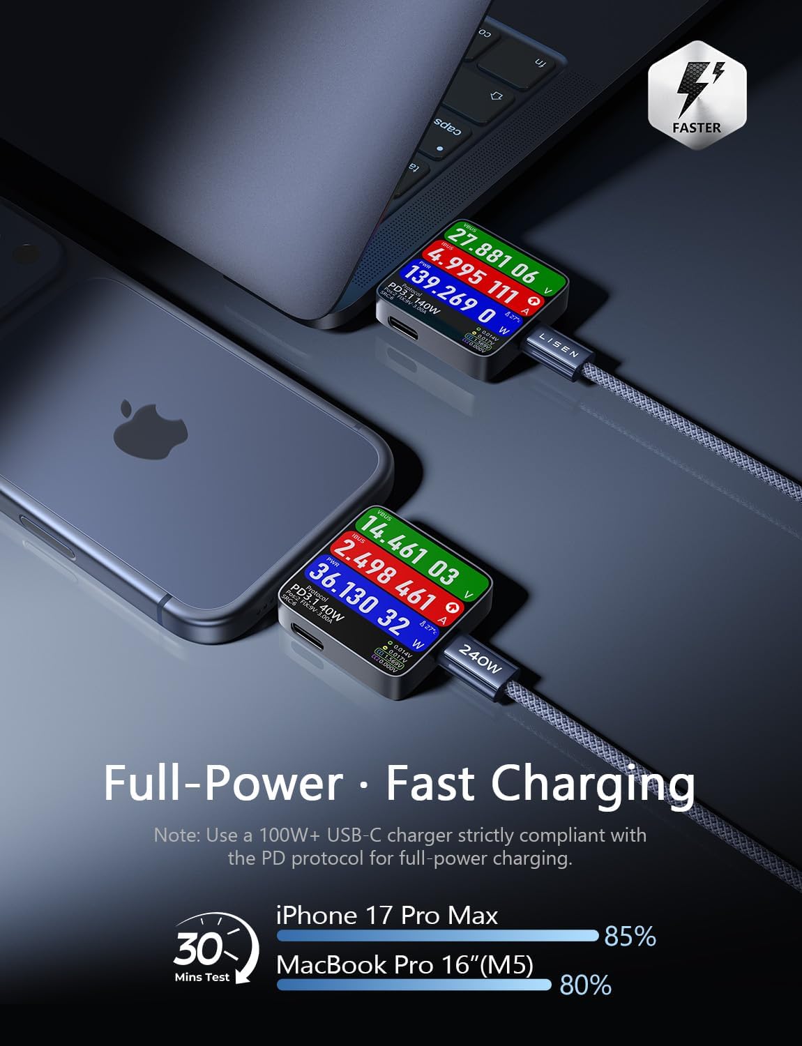 LISEN USB C to USB C Cable, 240W Fast Charging Type C Charger Cord (6.6FT) - Image 3